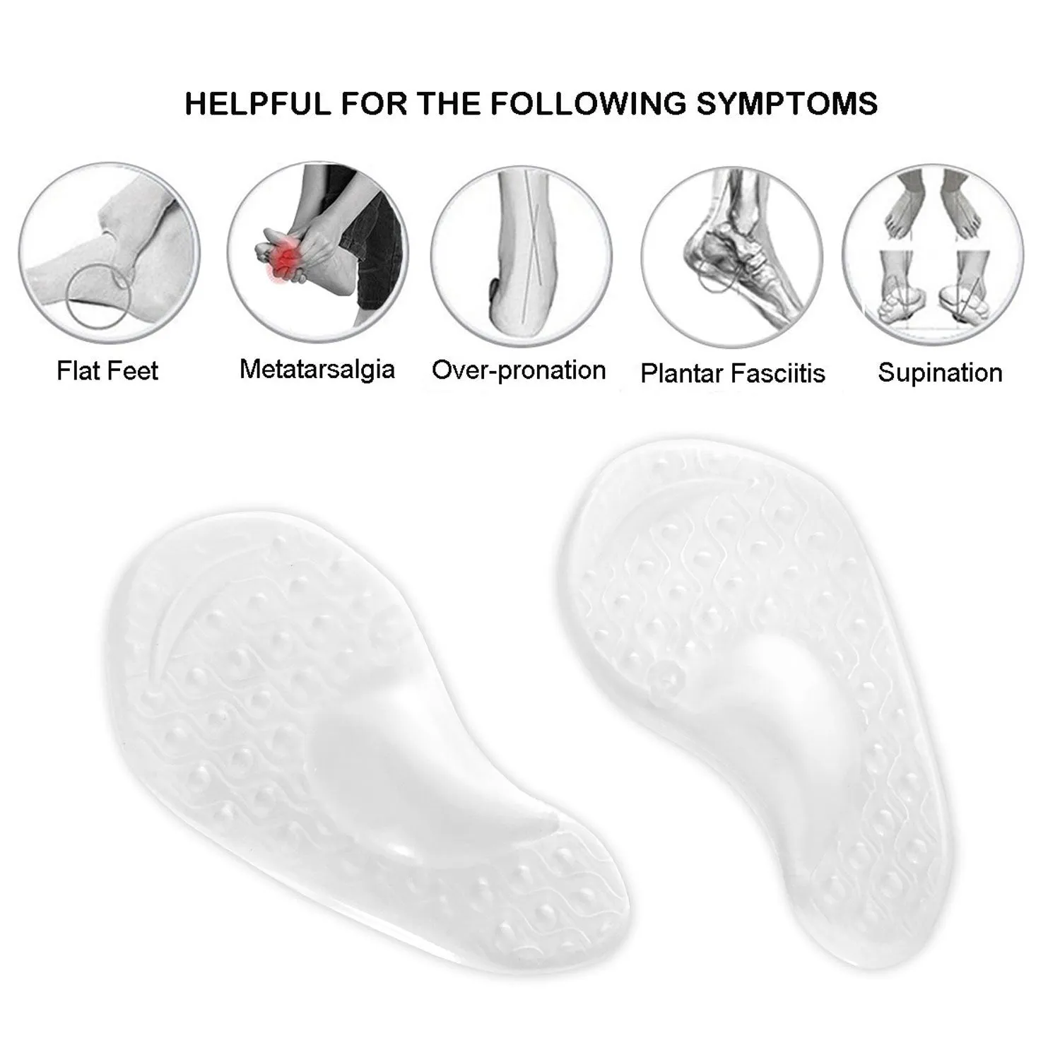 Arch Support for Flat Feet & Plantar Fasciitis, Gel Shoe Inserts Relieve Foot Pain for Women & Men (2 Pairs) (Transparent) Transparent
