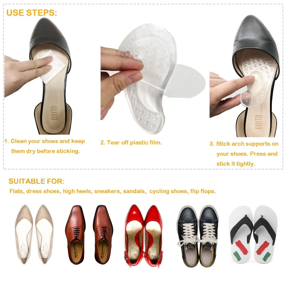 Arch Support for Flat Feet & Plantar Fasciitis, Gel Shoe Inserts Relieve Foot Pain for Women & Men (2 Pairs) (Transparent) Transparent