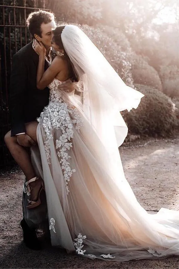 Boho Sweetheart Wedding Dress Bridal Gowns With 3D Lace Applique TN257