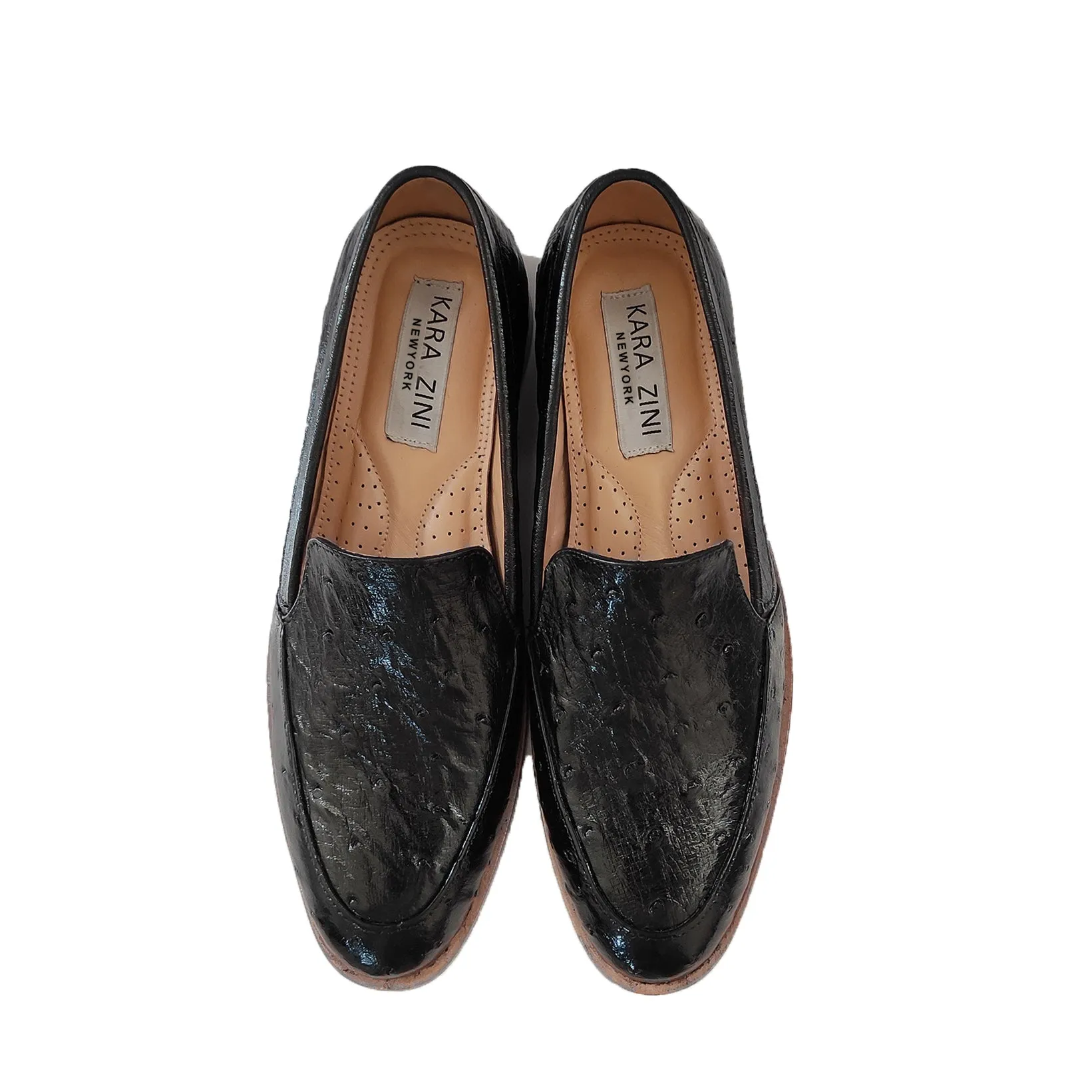 Kara Zini Handmade Ostrich Leather Women's Black Loafers