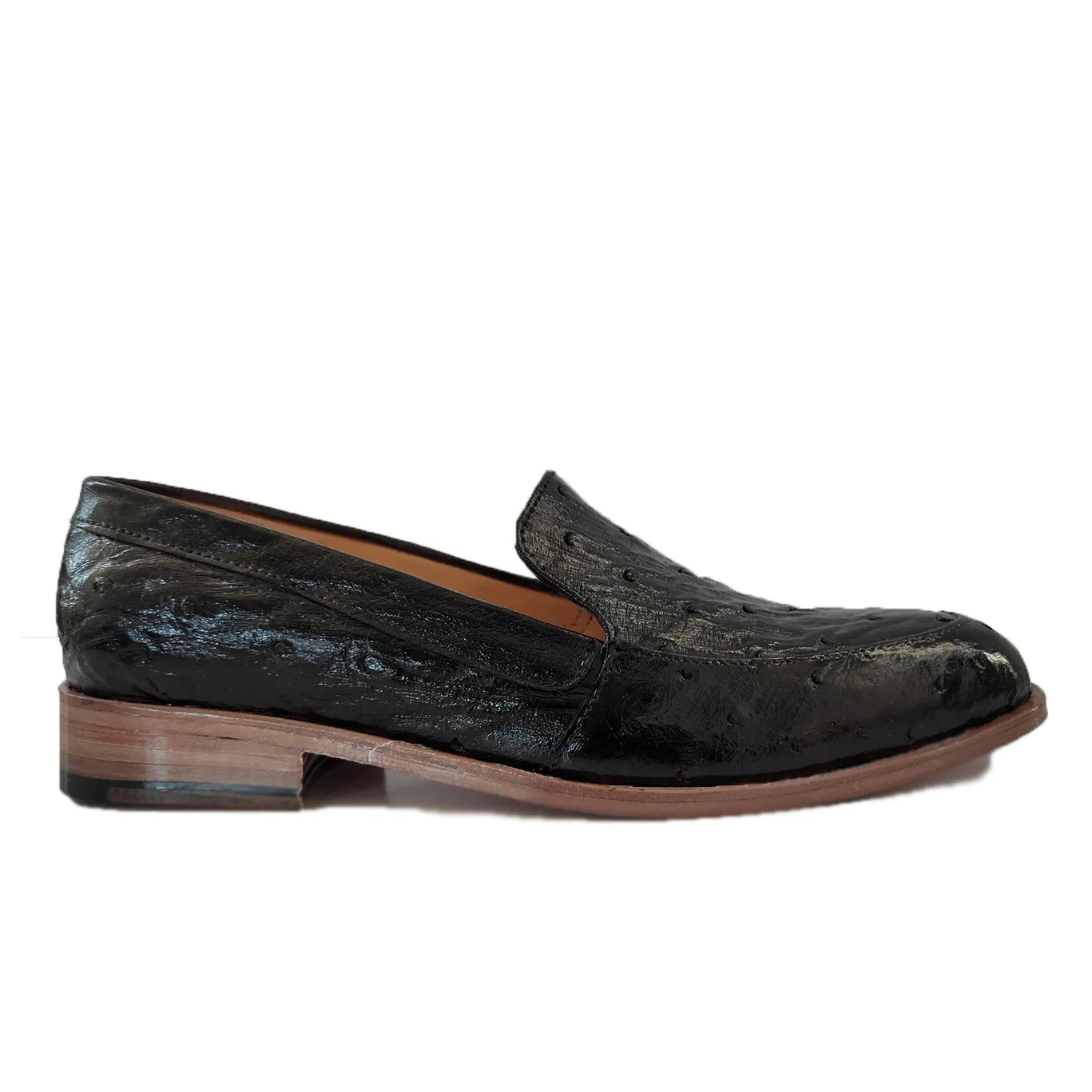 Kara Zini Handmade Ostrich Leather Women's Black Loafers