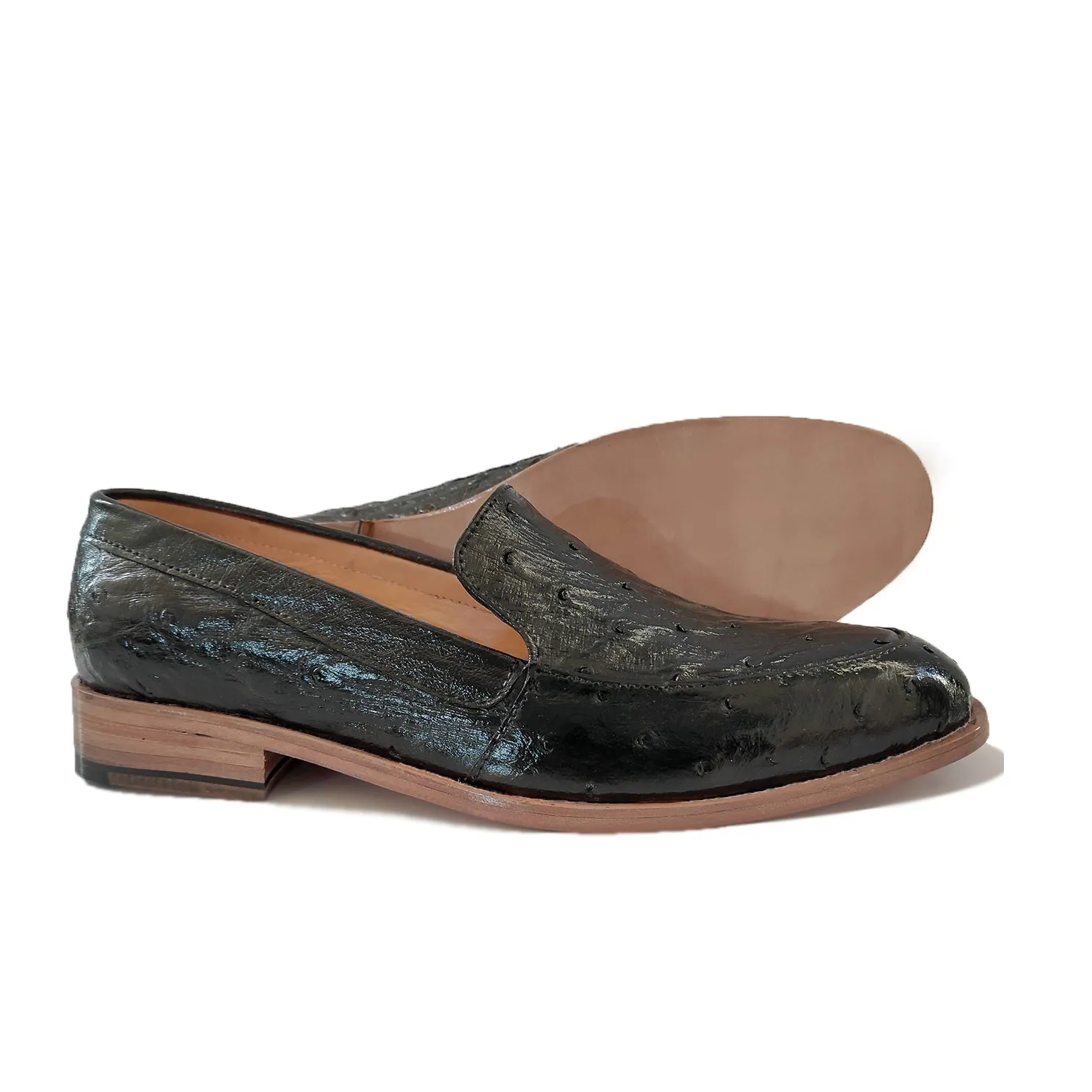 Kara Zini Handmade Ostrich Leather Women's Black Loafers