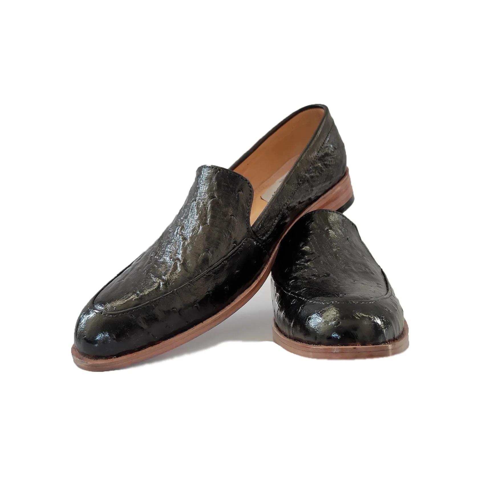 Kara Zini Handmade Ostrich Leather Women's Black Loafers