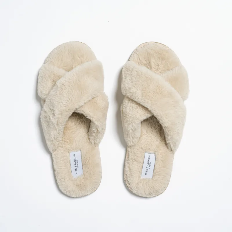 Miss Sparrow Faux Fur Cross Over Slippers